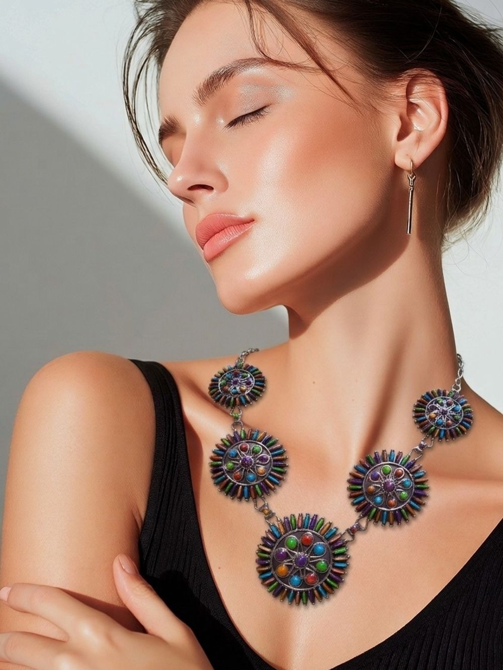 Sterling Silver Multi-Stone Needlepoint Medallion Necklace